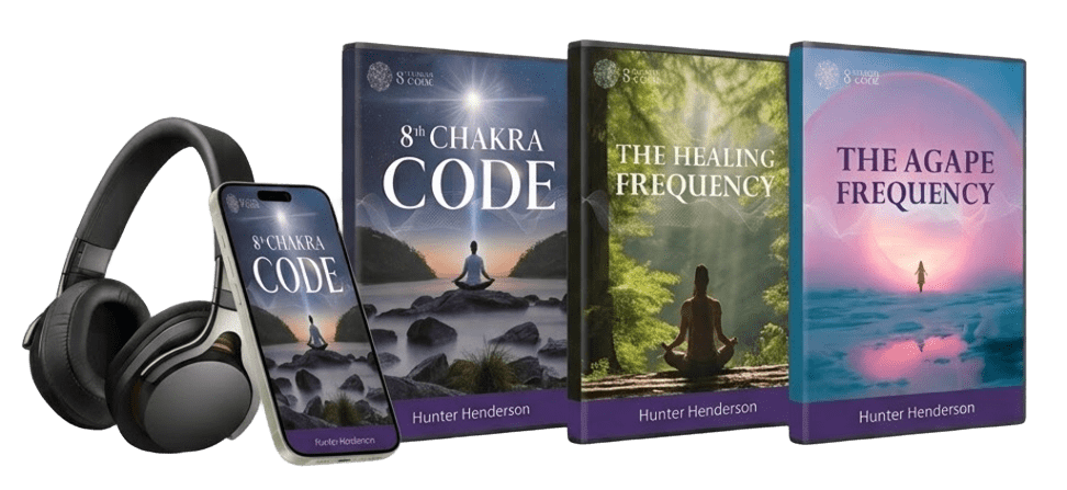 8th Chakra Code product bundle with headphones, smartphone, and three audio program covers